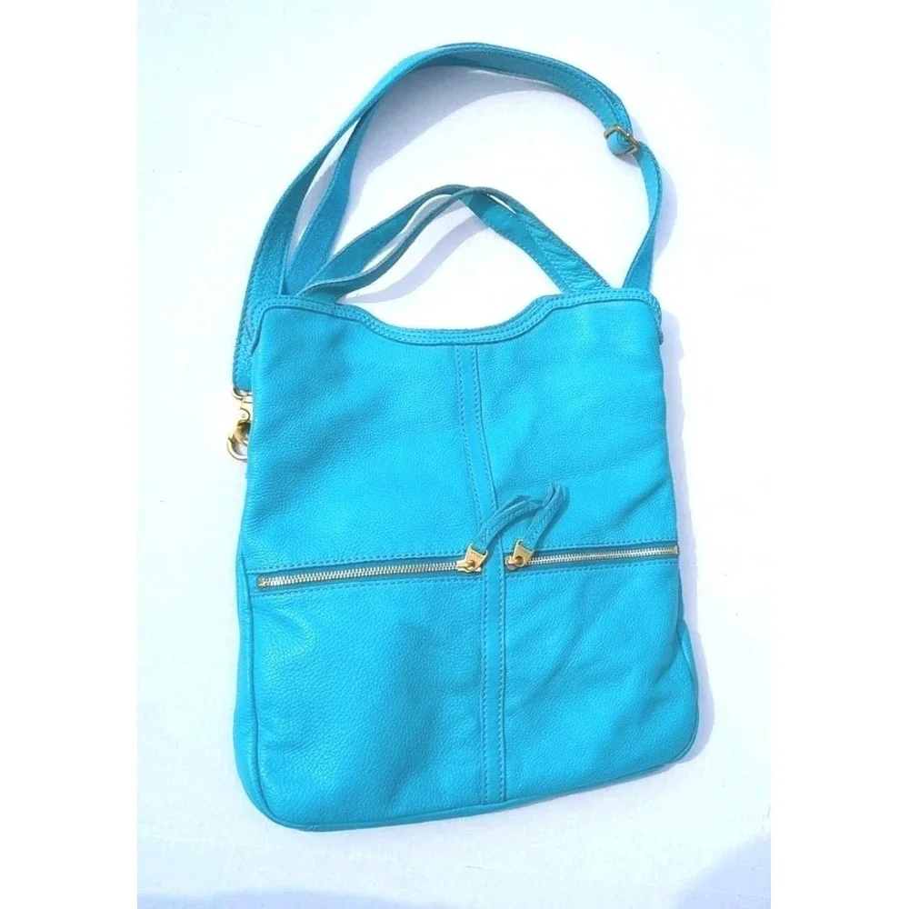 Fossil Erin Tidal Blue Soft Pebbled Leather Fold Over Crossbody Zipper Pockets